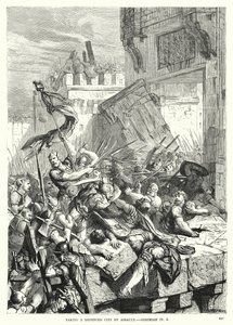 Een versterkte stad met geweld ingenomen, Jeremia IV, 5 (gravure) door English School