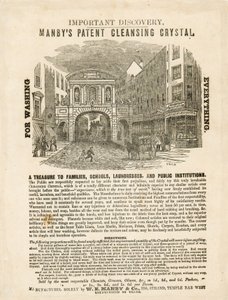 Temple Bar, Londen. Manbys Patent Cleansing Crystal Advertentie door English School