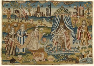 Textielpaneel met Esther en Ahasveros, midden tot laat 17e eeuw door English School