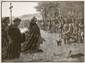 Dankzegging van het Engelse leger na de Slag bij Agincourt, 25 oktober 1415, illustratie uit Cassells Geïllustreerde Geschiedenis van Engeland door English School