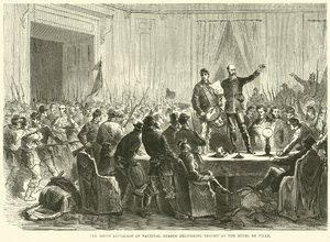 Het 106e bataljon van de Nationale Garde levert Trochu af bij het Hotel de Ville, oktober 1870 door English School