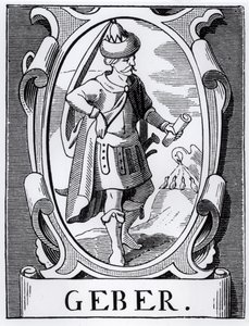 De Alchemist Geber (14e eeuw) illustratie uit Wetenschap en Literatuur in de Middeleeuwen en de Renaissance, geschreven en gegraveerd door Paul Lacroix, 1878 door English School