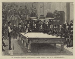 Het Amerikaanse biljarttoernooi, Joseph Bennett en S W Stanley spelen (gravure) door English School