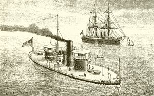 Het Amerikaanse tweelingtorenschip Miantonoma en ijzeren schip door English School