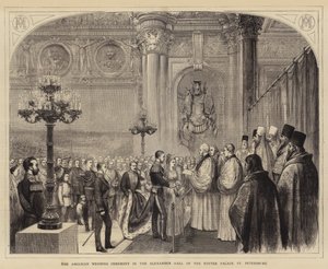 De Anglicaanse Huwelijksceremonie in de Alexanderzaal van het Winterpaleis, St. Petersburg (gravure)
