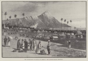 De annexatie van Hawaï door Amerika, de landingsplaats, Honolulu (gravure) door English School