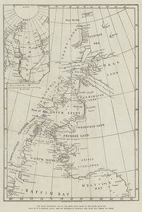 De Arctische Expeditie, kaart van de Smith Sound-route naar de Noordpoolzee (gravure) door English School