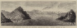 De Ashantee Oorlog, Uitzicht op Aquidah, beschoten door HMS "Druid", 28 augustus 1873 (gravure)
