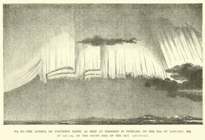 Het noorderlicht, gezien in Bossokop in Finmark, op 19 januari 1839, om 19:40 uur, aan de zuidkant van de hemel door English School