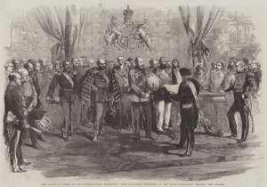 De Prijsuitreiking op de Internationale Tentoonstelling, Graaf Granville, Voorzitter van de Koninklijke Commissie, leest het Adres door English School