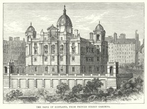 De Bank van Schotland, vanaf Princes Street Gardens (gravure) door English School