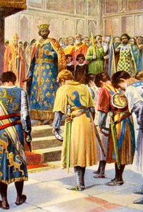 De baronnen vragen Hendrik III een parlement bijeen te roepen (kleurenlitho) door English School
