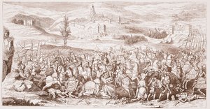 De Slag bij Spurs, van het oude schilderij in het bezit van de Koninklijke Vereniging van Oudheden