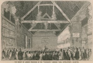 De bisschop van Londen preekt in de favoriete omnibuswerf, Upper Street, Islington door English School