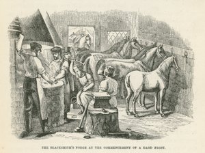 De smederij van de smid aan het begin van een strenge vorst (gravure) door English School