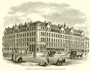 Het blok van Peabodys gebouwen, Spitalfields door English School