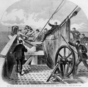Het breken van de Atlantische telegraafkabel aan boord van de Great Eastern, 1865 (gravure) door English School