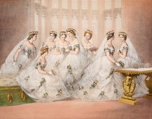 De bruidsmeisjes, 10 maart 1863, uit A Memorial of the Marriage of Edward VII and Alexandra of Denmark, pub. 1864 door English School