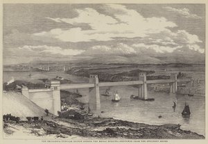 De Britannia Tubular Bridge over de Menai Straits door English School