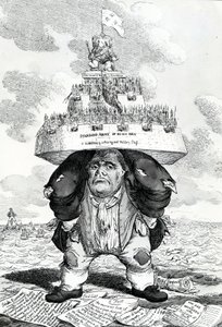 De Britse Atlas, of John Bull die de vredesvestiging ondersteunt, prent gemaakt door Charles Williams, 1816 door English School