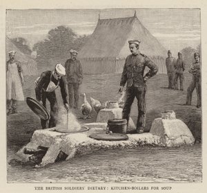 Het dieet van de Britse soldaten, keukenketels voor soep (gravure)