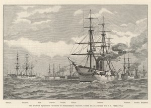 Het Britse squadron dat vaart in het Mozambique-kanaal onder vice-admiraal Sir E R Fremantle door English School