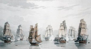 Het Britse eskader onder bevel van kapitein Charles Marsh Schomberg en het Franse eskader onder bevel van commodore Roquebert, windstil kort na het begin van de actie bij Madagaskar, 20 mei 1811 door English School