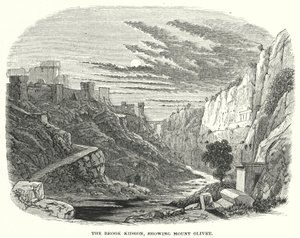 De beek Kidron, met de berg Olijfberg (gravure) door English School