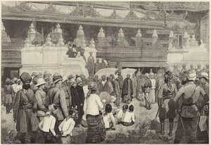 De boeddhistische aartsbisschop van Birma ontvangt Sir Frederick Roberts in het klooster in Mandalay