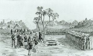 De begrafenis van generaal Earle en kolonels Eyre en Coveney in Kirbekan, uit De Campagne van de Cataracten door generaal William Francis Butler, gepubliceerd 1887
