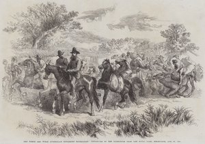 De Burke en Wills Australische ontdekkingsreis, vertrek van de expeditie vanuit het Royal Park, Melbourne, 20 augustus 1860 (gravure) door English School