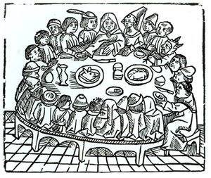 De Canterbury Pelgrims aan een gezamenlijke maaltijd, illustratie uit Geoffrey Chaucer
