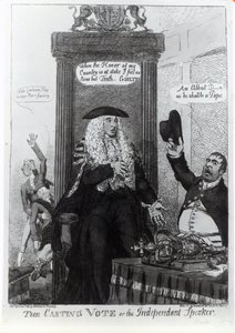 De beslissende stem, of de onafhankelijke spreker, satirische cartoon met toenmalig premier Henry Addington, 1805