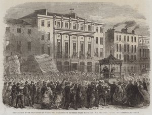De inhuldiging van Sir John Arnott in Cork na de voltooiing van zijn driejarige burgemeesterschap, de processie passeert de commerciële gebouwen (gravure) door English School