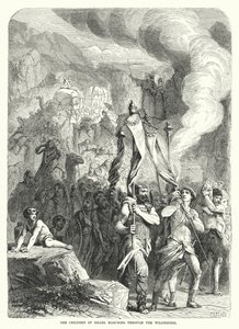 De kinderen van Israël marcheren door de wildernis (gravure) door English School