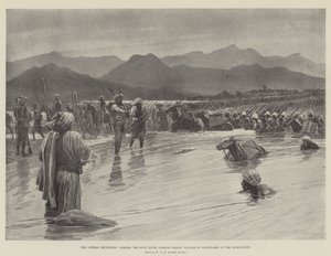 De Chitral-expeditie, doorwaden van de Swat-rivier, kijkend naar het noorden; dorp Chatedarra op de achtergrond