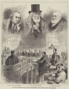Het faillissement van de City of Glasgow Bank, de gevangenen in het centrale politiebureau van Glasgow (gravure) door English School