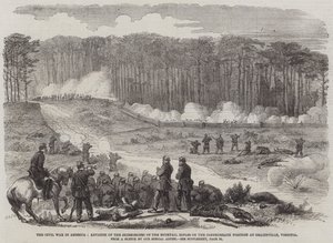 De burgeroorlog in Amerika, de opmars van de schermutselingen van de Bucktail Rifles naar de Zuidelijke positie bij Drainsville, Virginia (gravure) door English School