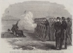 De burgeroorlog in Amerika, executie van een deserteur in het federale kamp, Alexandria