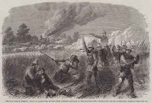 De Burgeroorlog in Amerika, Gevecht bij Hainsville, aan de Boven-Potomac, Vooruitgang van de Wisconsin Mannen (Federalisten) op de Secessionistische Positie door English School