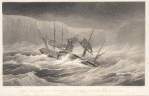 De botsing, van ontdekkingsreis en onderzoek in de zuidelijke en Antarctische gebieden door kapitein Sir James Clark Ross, pub. 1847 (gravure)