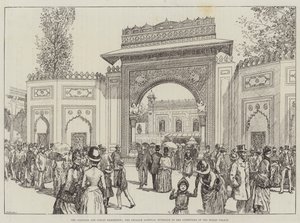 De Koloniale en Indiase Tentoonstelling, de Gwalior-poort, ingang naar de binnenplaats van het Indiase paleis (gravure) door English School