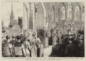De inwijding van de nieuwe Engelse kerk van St Alban, Kopenhagen, in aanwezigheid van de prins en prinses van Wales en de Deense koninklijke familie (gravure) door English School