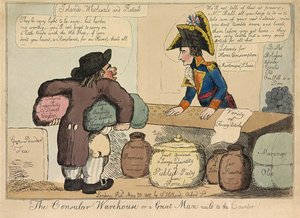 Het Consulaire Magazijn of een Groot Man aan de Balie genageld, uitgegeven 1802 (handgekleurde gravure) door English School
