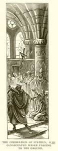 De kroning van Stephen, 1135. Geconsacreerde hostie valt op de grond