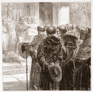 De raadsleden ontbinden de Augustijner orde van monniken in Zürich, 1524, illustratie uit De Geschiedenis van het Protestantisme door James Aitken Wylie, 1878
