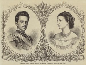 De Kroonprins Humbert van Italië en Prinses Margaret van Savoye (gravure) door English School