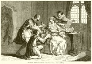 De kroon van Engeland aangeboden aan Lady Jane Gray door English School