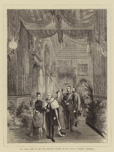 Het Bezoek van de Tsaar aan de Stad, Gang naar de Raadzaal, Guildhall (gravure) door English School