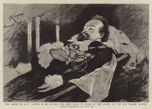 De dood van koning Ludwig II van Beieren, de koning opgebaard in de kapel van het oude paleis, München